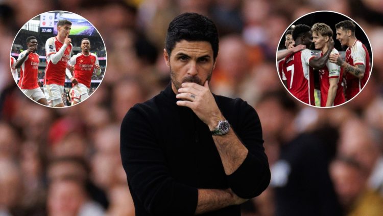 Mikel Arteta contemplatively looks on during a match. Inset, two images of the Arsenal team.