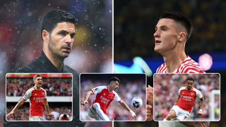Image split in two down the centre. Left, Mikel Arteta. Right, Sesko. Inset, Gabriel Martinelli, Gabriel Jesus, and Leandro Trossard