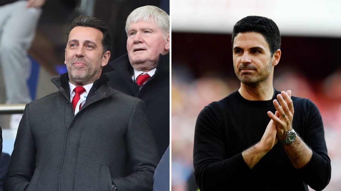 Header split vertically down the centre. On the left, Arsenal's sporting director looks pleased. On the right, Mikel Arteta is seen clapping.