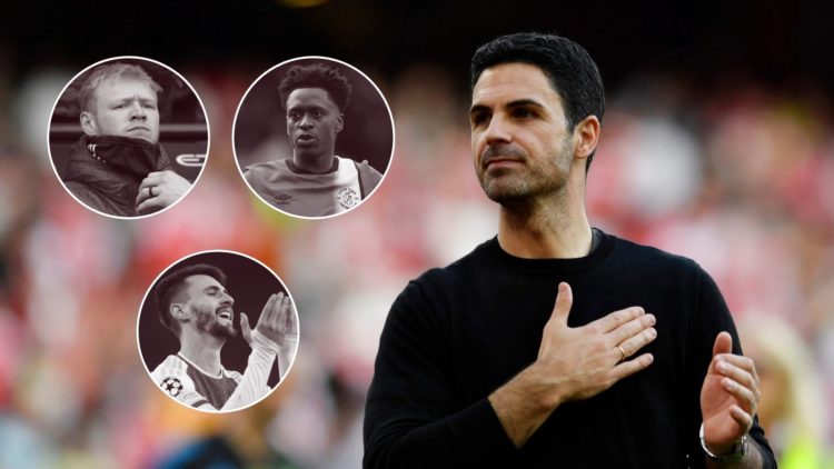 Mikel Arteta with a hand over his heart. Inset, three circular images of Aaron Ramsdale, Albert Sambi Lokonga, and Fabio Vieira.