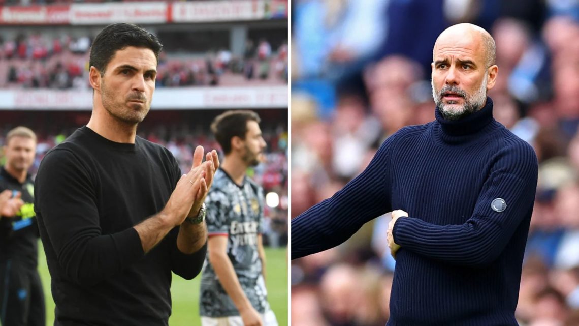Two-part split image. Left, Arteta of Arsenal applauding after a match. Right, Manchester City manager Josep Guardiola looks on during a match.