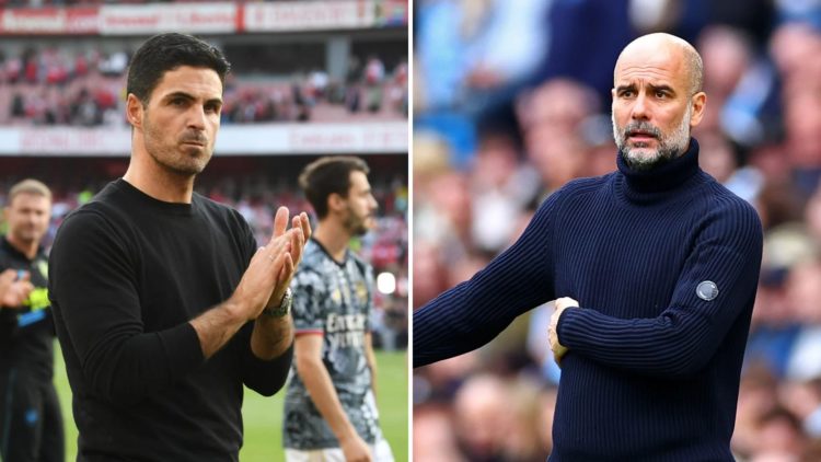 Two-part split image. Left, Arteta of Arsenal applauding after a match. Right, Manchester City manager Josep Guardiola looks on during a match.