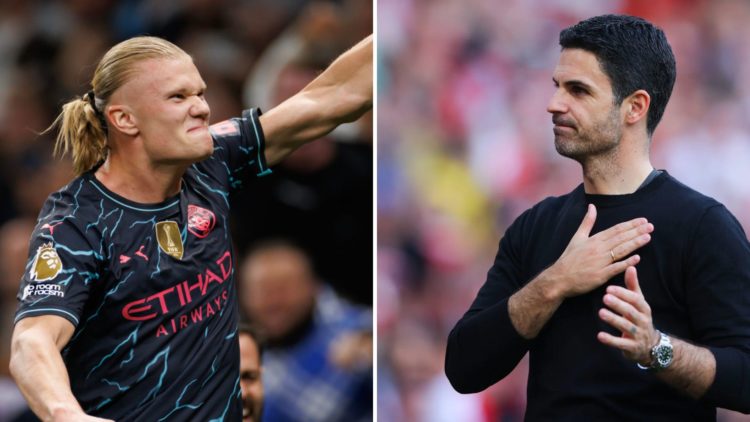 A two-part grid. Left, Haaland with a fist raised mid-celebration. Right, Arteta with a hand on his heart.