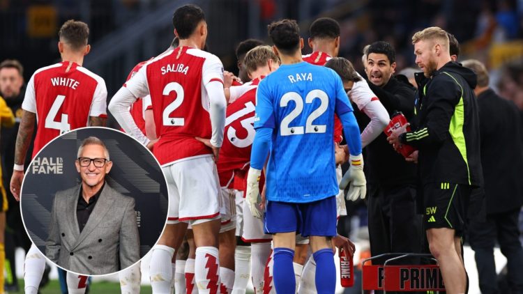 Mikel Arteta instructs his players during a match. Inset, an image of Gary Lineker.