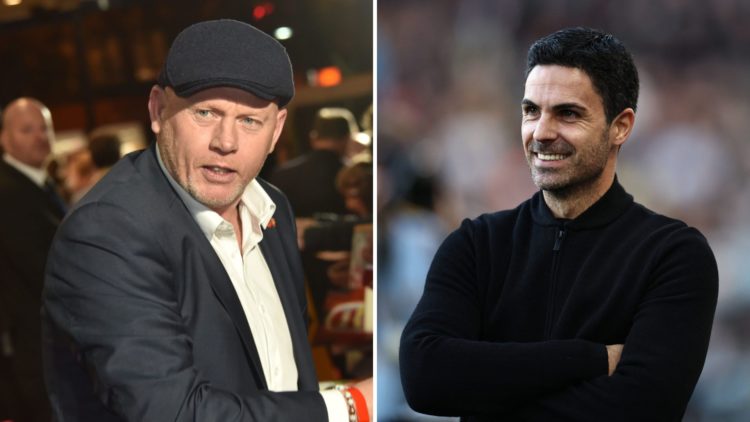 Two-part header image split down the centre. Left, Perry Groves attends a world premiere. Right, Mikel Arteta of Arsenal smiles ahead of kick-off.