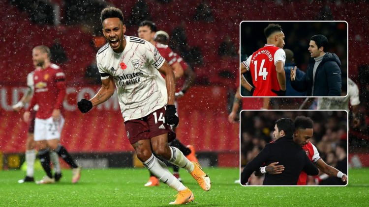 Aubameyang celebrates a goal on the field. Inset, two images depicting Aubameyang seemingly in a disagreement with Mikel Arteta, and catching Mikel...
