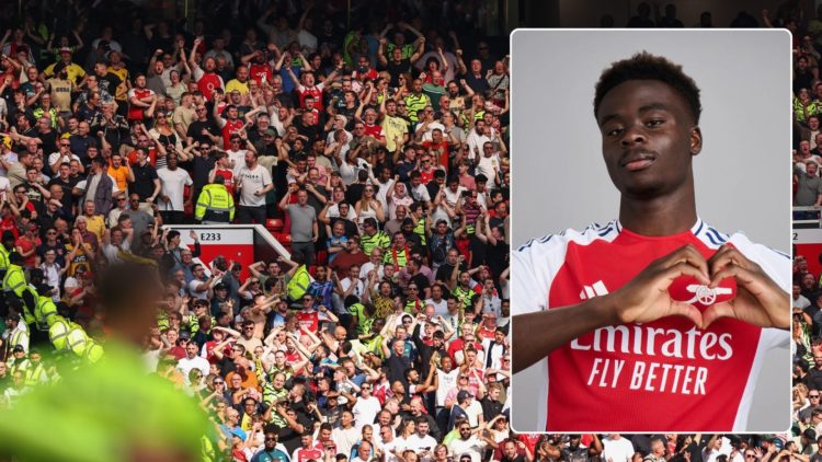 Image of Arsenal fans celebrating. Inset, Bukayo Saka making a hand-heart over the Arsenal logo on his kit.