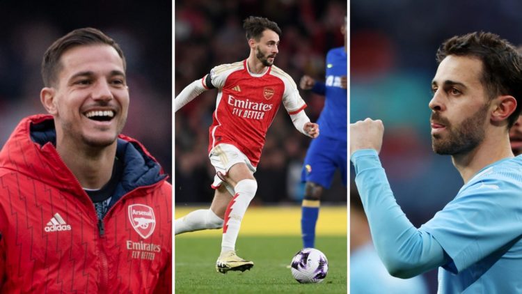 A grid split into three, showing Arsenal's Cedric Soares and Fabio Vieira, and Manchester City's Bernardo Silva