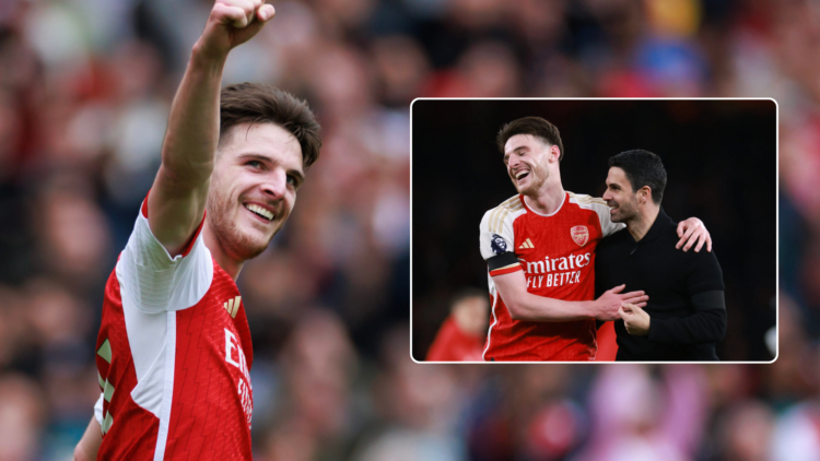 Image of Declan Rie with a fist raised in celebration. Inset, an image of Rice with manager Mikel Arteta, laughing.