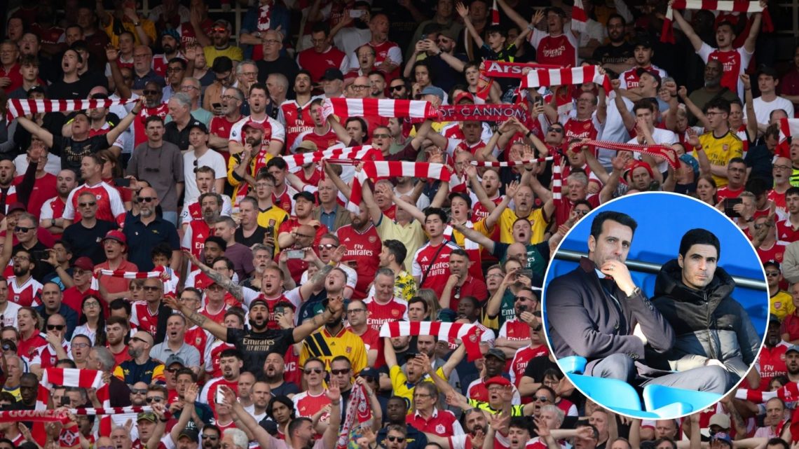 Image of Arsenal fans celebrating. Inset, Director Edu and Arsenal manager Mikel Arteta are discussing matters in the stands.