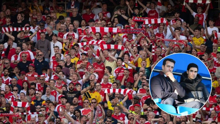 Image of Arsenal fans celebrating. Inset, Director Edu and Arsenal manager Mikel Arteta are discussing matters in the stands.