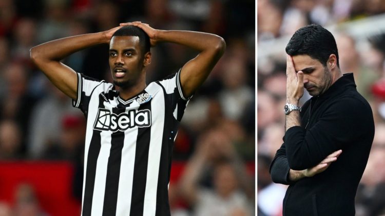 Two-part grid displaying Alexander Isak looking stressed in the left half, and Mikel Arteta with his face in his hands in the right half.