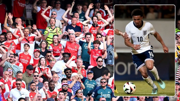 Arsenal fans celebrate after a goal. Inset, Ethan Nwaneri during the Euro Championship.