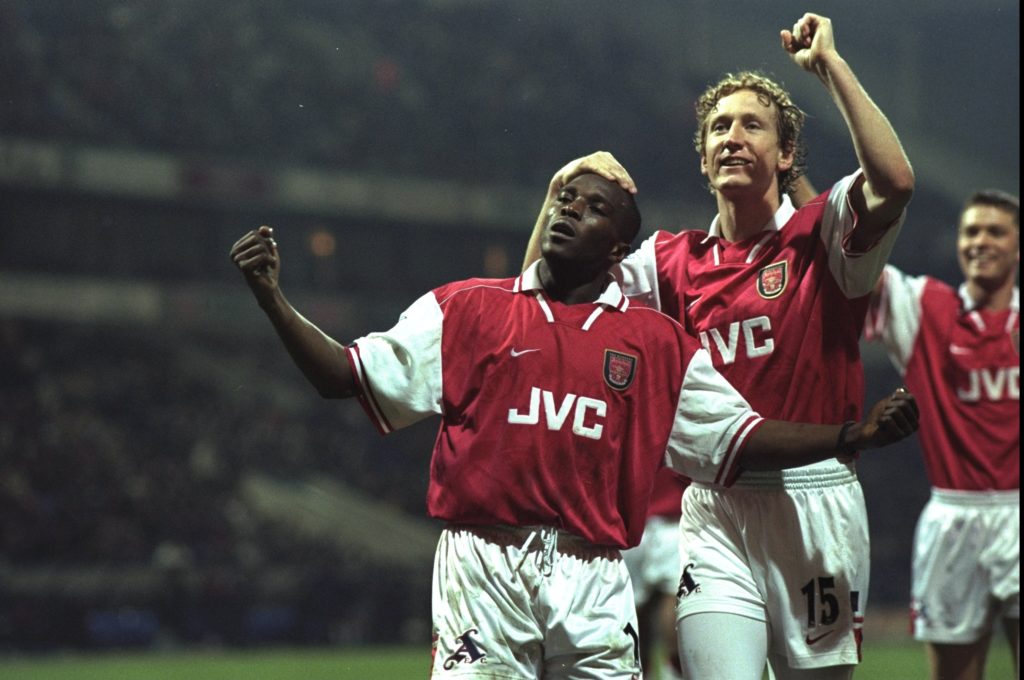 31 Mar 1998: Arsenal striker Christopher Wreh celebrates scoring the winning goal