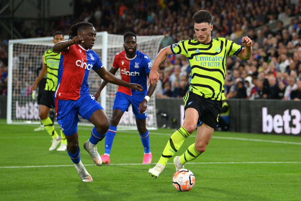 Declan Rice of Arsenal is challenged by Eberechi Eze of Crystal Palace during the Premier League match between Crystal Palace and Arsenal FC at Selhurst Park on August 21, 2023