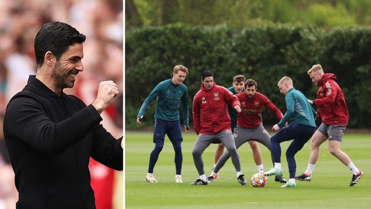 Image split into two. Left, Mikel Arteta celebrates. Right, Arsenal players in a training session.