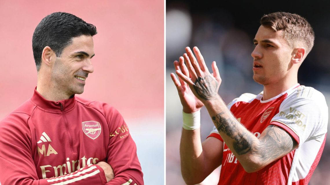 Two-part image split down the middle. Left, Mikel Arteta looks on with his arms folded over his chest. Right, Jakub Kiwior of Arsenal applauds afte...
