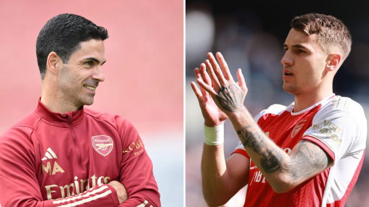 Two-part image split down the middle. Left, Mikel Arteta looks on with his arms folded over his chest. Right, Jakub Kiwior of Arsenal applauds afte...