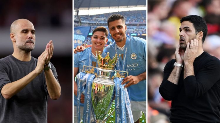 A three-section grid, split vertically. On the left, Man City manager Pep Guardiola. In the middle, Rodri of Man City celebrating with the Premier ...