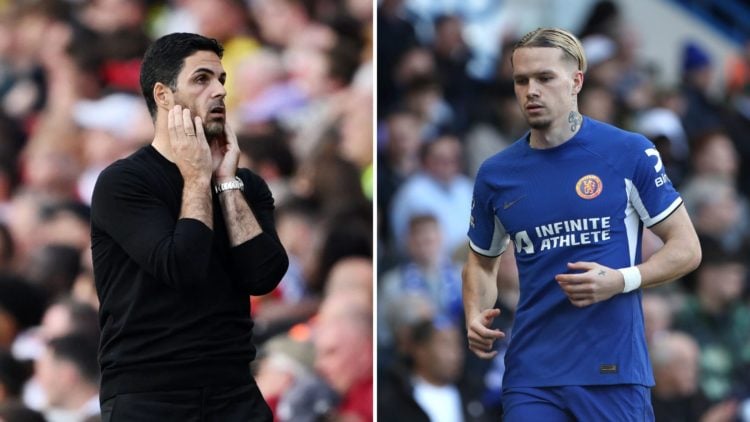 Header split down the centre into two images. Left, Mikel Arteta looking dejected as he watches a match. Right, Mykhaylo Mudryk of Chelsea jogging ...