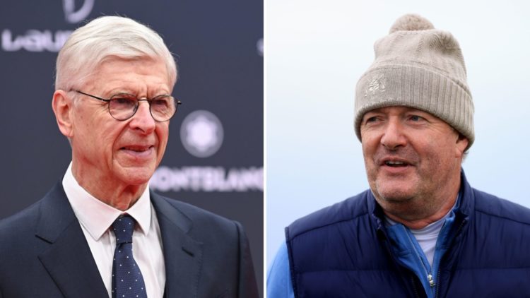 Header split down the centre vertically. Left, Arsene Wenger. Right, Piers Morgan.