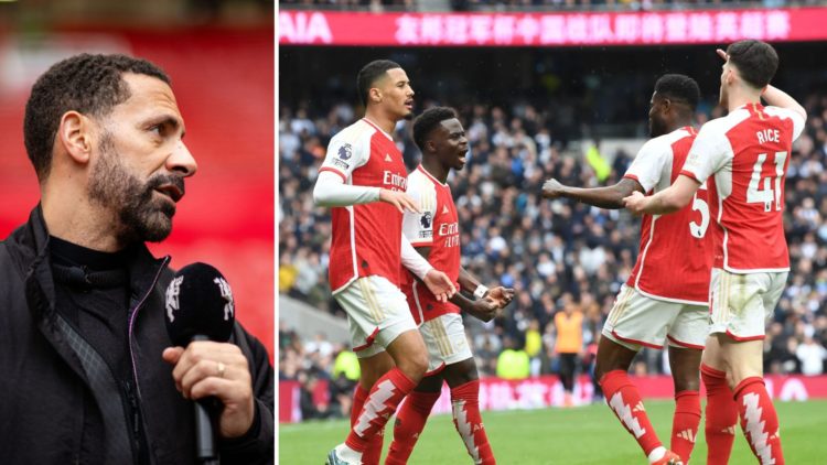 Two-part grid, split vertically down the image. Left, Rio Ferdinand speaks into a microphone. Right, the Arsenal team celebrate a victory.