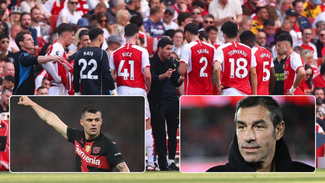 Mikel Arteta speaking to the Arsenal team on the field. Inset, a rectangular image of Granit Xhaka, and another of Robert Pires.