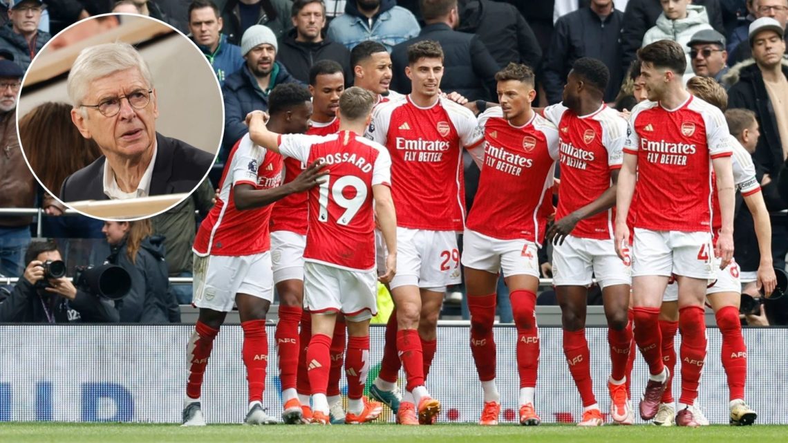 The Arsenal team stand with their arms around one another in front of a stadium of fans. Inset, Arsene Wenger looks over at them.