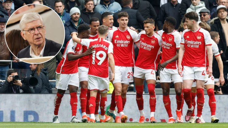 The Arsenal team stand with their arms around one another in front of a stadium of fans. Inset, Arsene Wenger looks over at them.