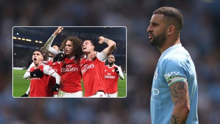 Kyle Walker in side profile looks ahead in concern. Inset, the Arsenal team celebrating.