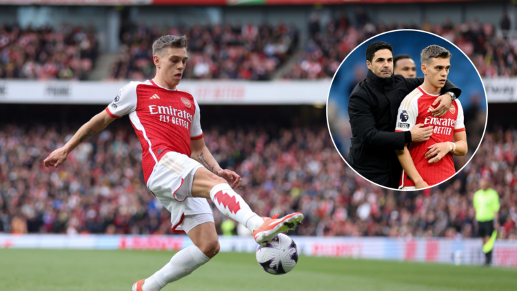Leandro Trossard moving with the ball in the middle of a match. Inset, an image of Mikel Arteta with his arms around Leandro Trossard.