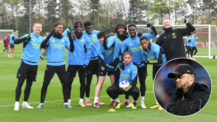 Arsenal team during a training session. Inset, Vincent Kompany looks on.