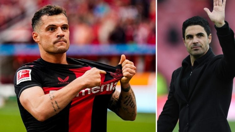 Two-split grid image. Left, Granit Xhaka of Leverkusen celebrates after a goal. Right, Mikel Arteta waves to his family after a match.