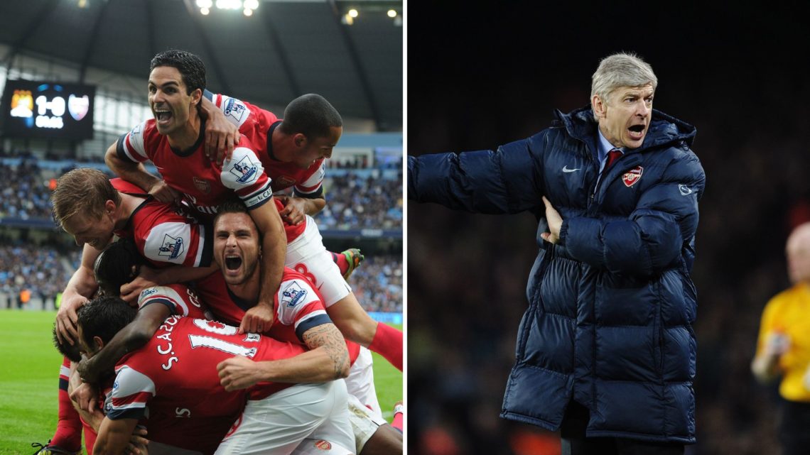 Split image of the 2012 Arsenal team celebrating (left), and Arsene Wenger shouting at officials (right).