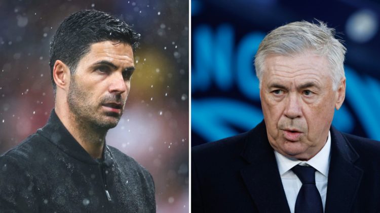 Two-split image. Left, Mikel Arteta of Arsenal looks on. Right, Carlo Ancelotti of Real Madrid during UEFA Champions League match.