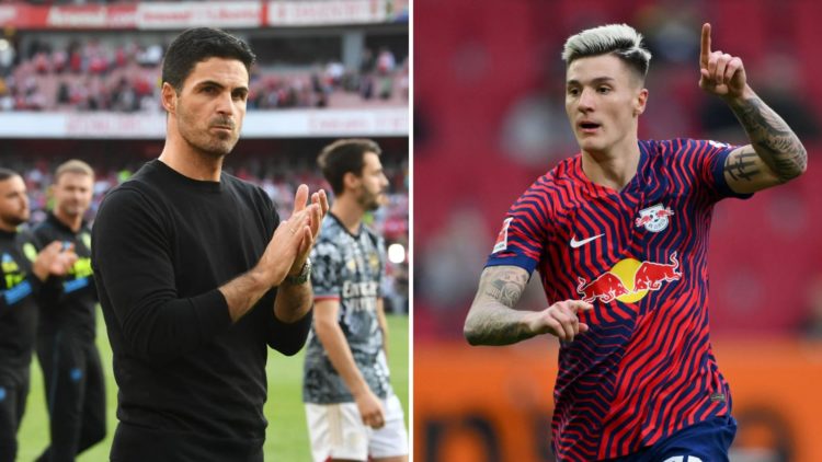 Image split in two down the centre. Left, Mikel Arteta applauds the fans. Right, Bejamin Sesko of RB Leipzig celebrates scoring.