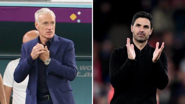 Image split in two down the centre. Left, Didier Deschamps of France looks on. Right, Mikel Arteta of Arsenal claps.