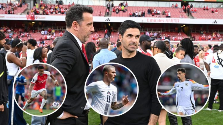 Edu and Arteta after a match. Inset, three images of Gabriel Jesus, Kai Havertz, and Benjamin Sesko.