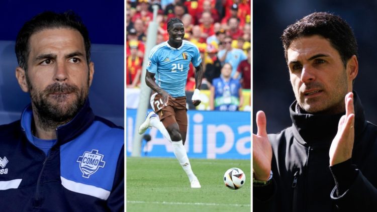 Split image of Cesc Fabregas, Amadou Onana, and Mikel Arteta.