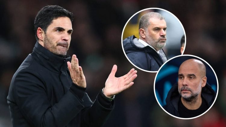 Mikel Arteta of Arsenal celebrates. Inset, two images of Manchester City manager Pep Guardiola and Ange Postecoglou of Tottenham Hotspur.