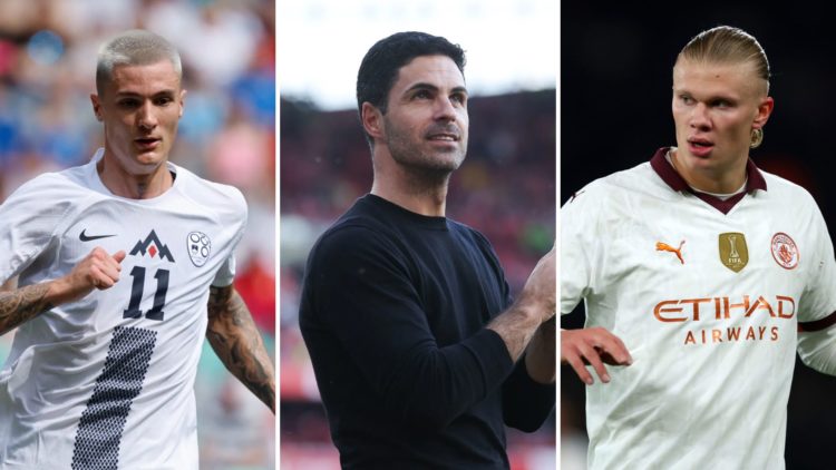Three-split image. Left, Benjamin Sesko of Slovenia during a match. Centre, Mikel Arteta of Arsenal acknowledges the home support. Right, Erling Ha...
