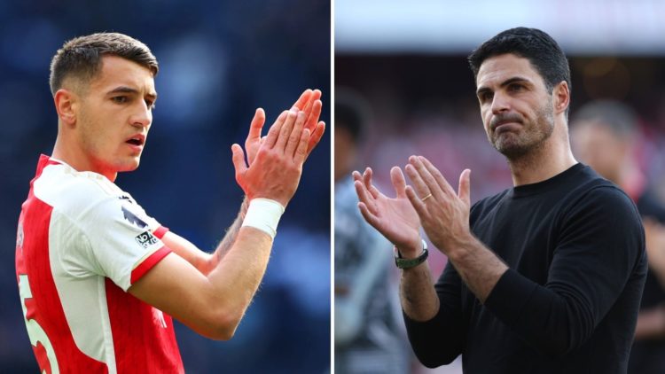 Split image of Jakub Kiwior of Arsenal applauding (left), and Mikel Arteta, manager of Arsenal (right).