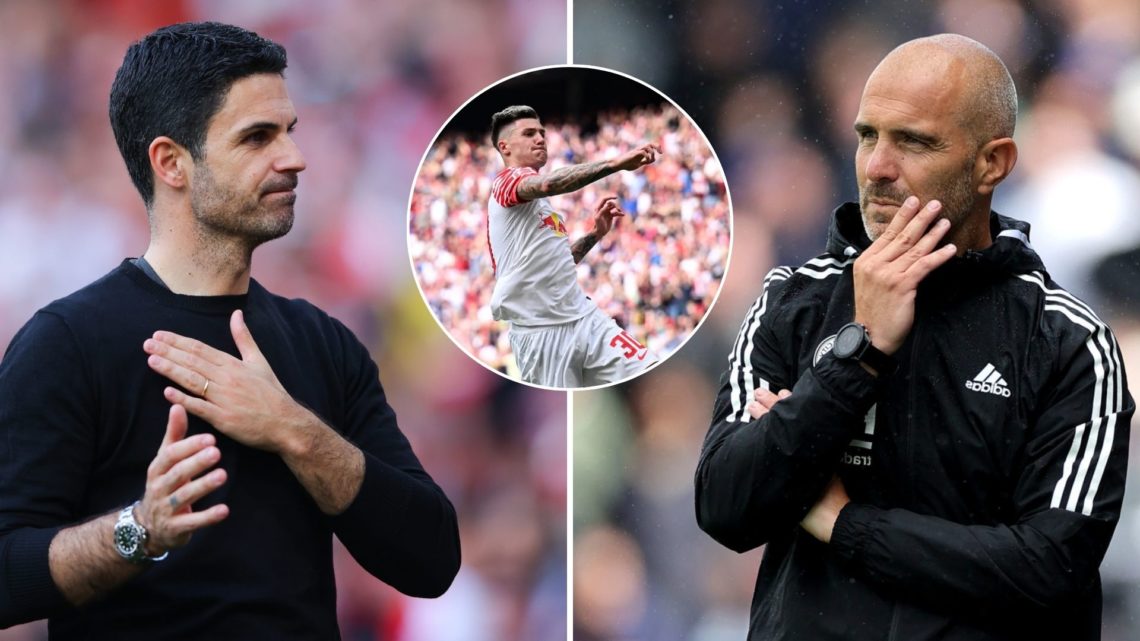 Image split down the middle into two. Left, Arsenal manager Mikel Arteta acknowedges home support. Right, Enzo Maresca looks on during pre season m...