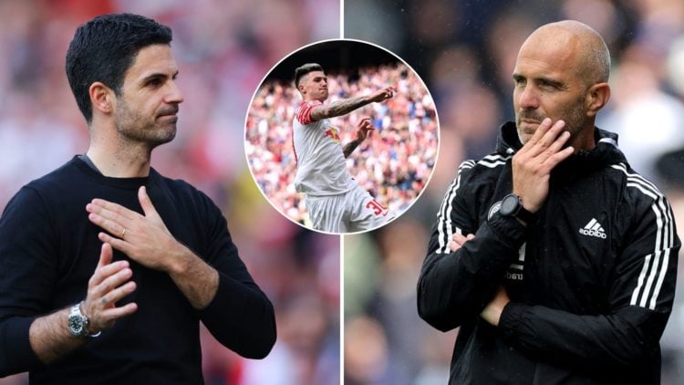 Image split down the middle into two. Left, Arsenal manager Mikel Arteta acknowedges home support. Right, Enzo Maresca looks on during pre season m...
