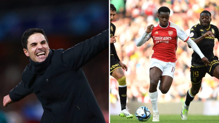 Image split in two down the centre. Left, Arteta of Arsenal celebrates. Right, Eddie Nketiah runs with the ball.