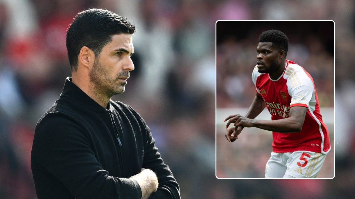 Manager Mikel Arteta of Arsenal looks on. Inset, Thomas Partey during the Premier League match.