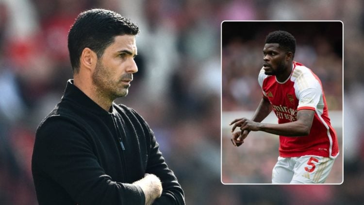 Manager Mikel Arteta of Arsenal looks on. Inset, Thomas Partey during the Premier League match.