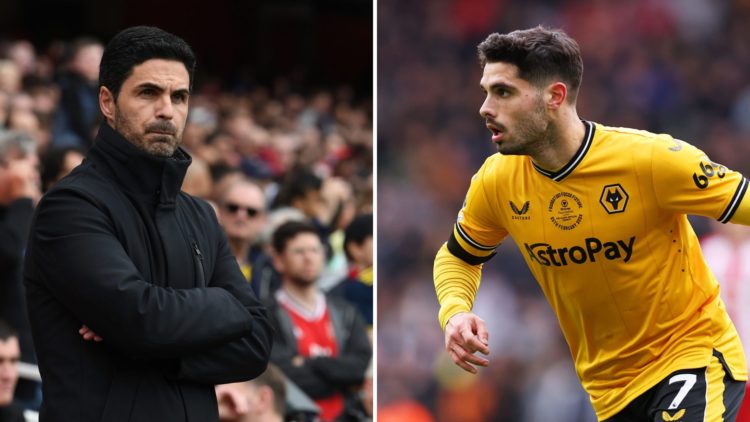 Image split into two down the centre. Left, Mikel Arteta of Arsenal. Right, Pedro Neto of Wolverhampton Wanderers.