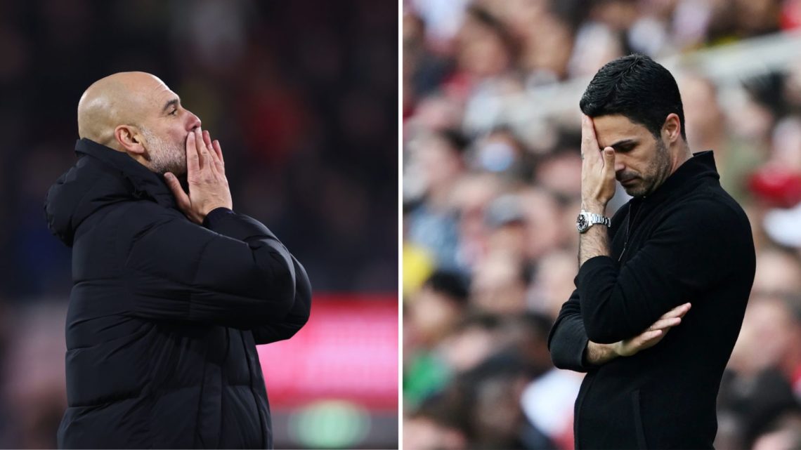 Image split into two down the centre. Left, Pep Guardiola during a match, hands over his mouth. Right, Arsenal manager Mikel Arteta looks dejected ...