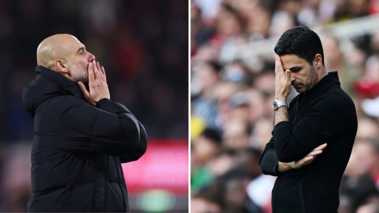 Image split into two down the centre. Left, Pep Guardiola during a match, hands over his mouth. Right, Arsenal manager Mikel Arteta looks dejected ...